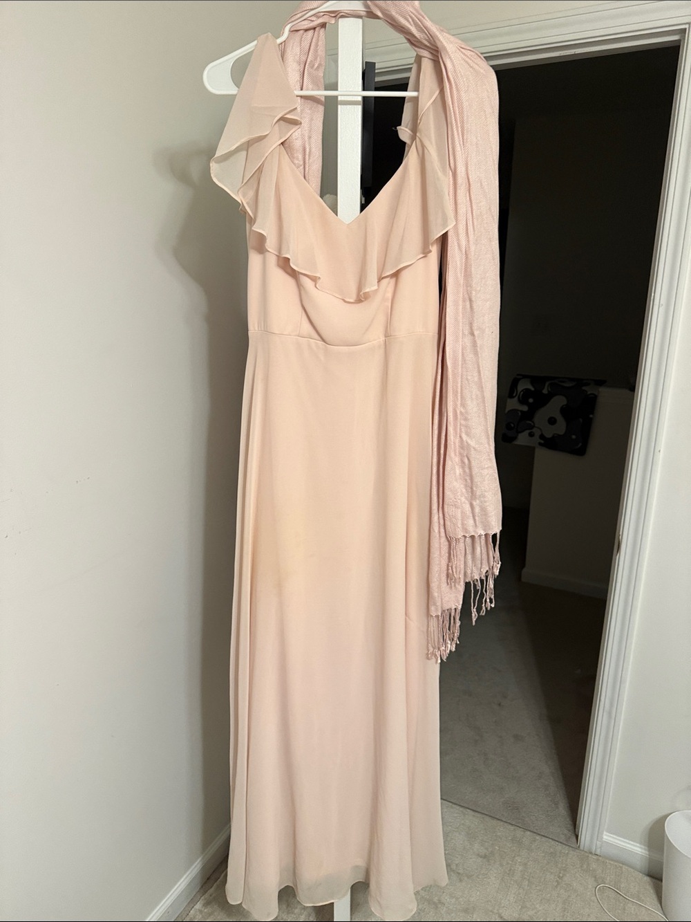Bill Levkoff Pale Blush Halter Ruffle Gown and matching scarf
